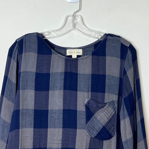Cloth & Stone Long Sleeve Braided Back Plaid Top Blue Gray Small - Picture 4 of 10